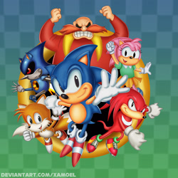 Size: 1250x1250 | Tagged: safe, artist:xamoel, amy rose, metal sonic, miles "tails" prower, robotnik, sonic the hedgehog, human, sonic origins, 2022, abstract background, checkered background, classic amy, classic knuckles, classic robotnik, classic sonic, classic style, classic tails, clenched teeth, greg martin style, group, looking at viewer, reaching towards the viewer, robot