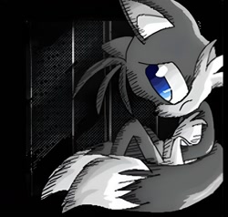 Size: 1440x1372 | Tagged: artist needed, source needed, safe, miles "tails" prower, abstract background, against wall, frown, greyscale, looking offscreen, sad, sitting, solo, upscaled