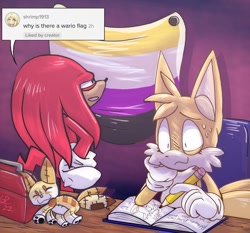 Size: 1159x1080 | Tagged: safe, artist:guiltypandas, knuckles the echidna, miles "tails" prower, fox, abstract background, book, chair, desk, drawing, duo, eye twitch, eyelashes, hand on hip, head rest, holding something, knuckles is an idiot, looking at something, nonbinary, nonbinary pride, pencil, pride flag, sitting, smile, standing, stuffed animal, sweatdrop