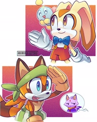 Size: 1638x2048 | Tagged: safe, artist:arsworlds, blaze the cat, cheese (chao), cream the rabbit, marine the raccoon, chao, 2020, abstract background, bowtie, child, female, gender swap, group, headband, male, neutral chao, smile
