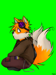 Size: 540x720 | Tagged: safe, artist:rott3nrabies, miles "tails" prower, fox, chain, frown, goggles on head, green background, hoodie, looking back, messy fur, messy hair, nonbinary, older, pants, signature, simple background, sitting, solo