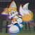 Size: 1424x1424 | Tagged: safe, artist:chronocrump, miles "tails" prower, abstract background, blue shoes, chemical plant, from below, frown, hand on ground, kneeling, looking at viewer, looking down, looking down at viewer, male, modern tails, outline, solo