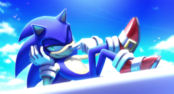 Size: 2000x1085 | Tagged: dead source, safe, artist:einnharder, sonic the hedgehog, sonic mania adventures, abstract background, clouds, daytime, head rest, lineless, looking offscreen, lying back, male, modern sonic, one eye closed, outdoors, redraw, signature, smile, solo, solo male