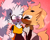 Size: 2048x1651 | Tagged: safe, artist:bongwater777, tangle the lemur, whisper the wolf, arm fluff, blushing, chest fluff, duo, duo female, eyes closed, female, females only, gradient background, hands behind back, heart, heart eyes, kiss, kiss on cheek, lesbian, mouth open, open smile, shipping, smile, tangle x whisper