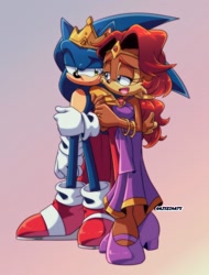 Size: 1011x1332 | Tagged: safe, artist:artsriszi, sally acorn, sonic the hedgehog, duo, mobius: 25 years later, older, sally x sonic, shipping, straight