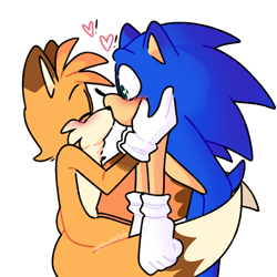 Size: 2048x2048 | Tagged: safe, artist:chickenschnitczels, miles "tails" prower, sonic the hedgehog, aged up, blushing, colored ears, duo, exclamation mark, eyes closed, gay, hands on another's face, heart, kiss, male, males only, older, shipping, simple background, sitting, sonic x tails, standing, white background