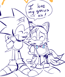 Size: 490x579 | Tagged: dead source, safe, artist:r0b0t1m3, miles "tails" prower, sonic the hedgehog, 2019, alternate version, bowtie, brother and sister, dialogue, duo, english text, eyes closed, female, male, modern sonic, modern tails, monochrome, mouth open, simple background, sketch, smile, speech bubble, standing, trans female, trans girl tails, transgender, white background