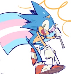 Size: 869x905 | Tagged: dead source, safe, artist:r0b0t1m3, sonic the hedgehog, 2019, alternate version, flag, holding something, looking at viewer, male, modern sonic, mouth open, pride flag, running, simple background, smile, solo, top surgery scars, trans male, trans pride, transgender, v sign, white background