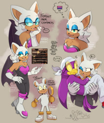 Size: 800x942 | Tagged: safe, artist:vilegato, rouge the bat, wave the swallow, bisexual, carrying them, character sheet, duo, duo female, english text, female, females only, lesbian, looking at them, looking at viewer, one eye closed, one fang, shipping, smile, solo focus, standing, sunglasses, thinking, thought bubble, wavouge