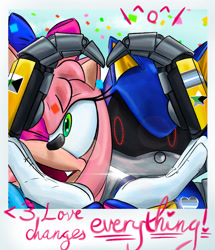 Size: 1764x2048 | Tagged: safe, artist:seagull-scribbles, amy rose, metal sonic, ^o^, abstract background, bow, confetti, demiboy, demiboy pride, demiromantic pride, duo, female, heart hands, looking at viewer, metamy, one fang, pride, robot, shipping, straight, wink