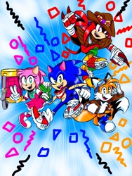 Size: 1536x2048 | Tagged: safe, artist:meelowsh1, amy rose, knuckles the echidna, miles "tails" prower, sonic the hedgehog, sonic heroes, abstract background, aviator jacket, bandana, blue shoes, dress, female, freckles, goggles, goggles on head, group, hat, knuckles' hat, looking at viewer, male, mid-air, mouth open, one fang, piko piko hammer, poncho, redesign, smile, v sign