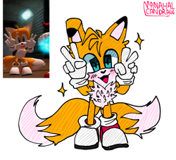 Size: 2048x1859 | Tagged: dead source, safe, artist:aura-can-draw, miles "tails" prower, :3, blushing, chest fluff, child, colored ears, cute, double v sign, ear fluff, floppy ear, heart nose, looking at viewer, male, mouth open, posing, redraw, reference inset, shadow the hedgehog (video game), signature, simple background, smile, solo, solo male, standing, star (symbol), tailabetes, white background