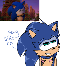 Size: 2048x1859 | Tagged: dead source, safe, artist:aura-can-draw, sonic the hedgehog, sonic prime, cheek fluff, clenched teeth, dialogue, english text, faic, looking up, male, modern sonic, redraw, reference inset, simple background, smile, solo, solo male, standing, top surgery scars, trans male, transgender, white background