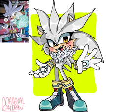 Size: 2048x1859 | Tagged: dead source, safe, artist:aura-can-draw, silver the hedgehog, abstract background, blushing, chest fluff, eyelashes, fangs, looking offscreen, male, mouth open, neck fluff, redraw, reference inset, signature, smile, solo, solo male, standing