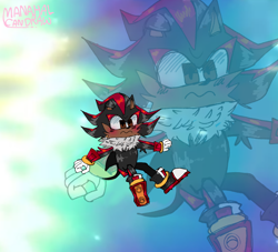 Size: 2048x1859 | Tagged: dead source, safe, artist:aura-can-draw, shadow the hedgehog, abstract background, arms out, blushing, frown, looking ahead, male, mid-air, neck fluff, signature, solo, solo male, super mario galaxy