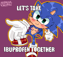 Size: 2048x1859 | Tagged: dead source, safe, artist:aura-can-draw, sonic the hedgehog, blushing, clenched fist, english text, ibuprofen, looking at viewer, male, meme, outline, pout, purple background, reaching towards the viewer, signature, simple background, smile, solo, solo male, top surgery scars, trans male, transgender