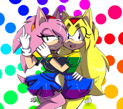 Size: 1350x1200 | Tagged: safe, artist:lupita13, amy rose, maria robotnik, oc, oc:maria the hedgehog, abstract background, dress, duo, holding each other, lesbian, lidded eyes, looking at viewer, mariamy, middle finger, pride, shipping, signature, smile