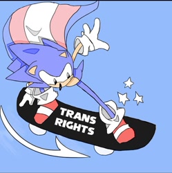 Size: 640x643 | Tagged: safe, artist:agenderwonder_, sonic the hedgehog, 2023, blue background, cape, classic sonic, english text, frown, looking down, male, simple background, skateboard, solo, solo male, star (symbol), trans pride