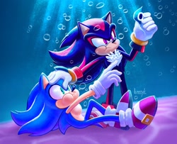 Size: 640x519 | Tagged: safe, artist:lunatyk, shadow the hedgehog, sonic the hedgehog, sonic prime, abstract background, bubbles, duo, duo male, hand on another's head, holding something, male, males only, redraw, underwater