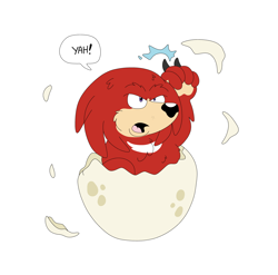 Size: 4288x4236 | Tagged: safe, artist:luvicarious, knuckles the echidna, dialogue, egg, english text, hatching, simple background, solo, speech bubble, white background, younger