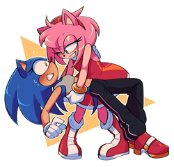 Size: 1617x1550 | Tagged: safe, artist:weepingalaxy, amy rose, sonic the hedgehog, amy x sonic, blushing, clenched teeth, crop top, duo, eyelashes, half r63 shipping, heart, holding them, lesbian, lidded eyes, looking at each other, outline, pants, semi-transparent background, shipping, shrunken pupils, simple background, surprised, sweatdrop, trans female, transgender, wink