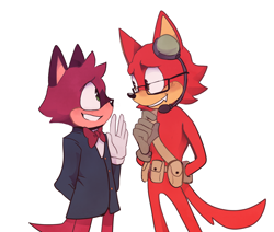 Size: 2048x1739 | Tagged: safe, artist:mindboogling, barry the quokka, gadget the wolf, the murder of sonic the hedgehog, barryget, blushing, clenched teeth, duo, gay, hand behind back, looking at each other, one fang, shipping, simple background, smile, standing, waving, white background