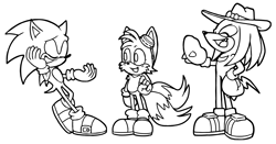 Size: 1800x942 | Tagged: safe, artist:thecoolertails, knuckles the echidna, miles "tails" prower, sonic the hedgehog, black and white, eyes closed, freckles, goggles, hat, knuckles' hat, looking at them, male, males only, monochrome, mouth open, redesign, simple background, smile, standing, team sonic, trio, trio male, white background