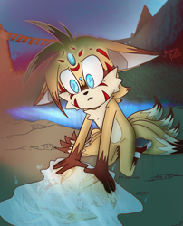 Size: 1615x1999 | Tagged: dead source, safe, artist:galaxy-petals, miles "tails" prower, abstract background, alternate version, bridge, floppy ears, frown, gloves off, grass, kitsune, kneeling, looking at something, mountain, mouth open, nine tails, outdoors, puddle, reflection, signature, solo, water