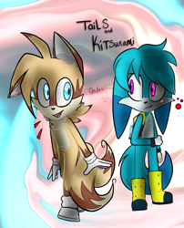 Size: 1615x1999 | Tagged: safe, artist:galaxy-petals, kit the fennec, miles "tails" prower, abstract background, character name, duo, english text, gay, glowing eyes, kitails, looking at them, looking at viewer, male, shipping, smile, standing