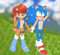 Size: 2048x1877 | Tagged: safe, artist:garabak0, sally acorn, sonic the hedgehog, abstract background, blushing, duo, heart, holding hands, sally x sonic, shipping, straight