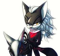 Size: 1160x1080 | Tagged: safe, artist:deroko, infinite the jackal, 2017, frown, holding something, infinite's mask, lidded eyes, looking offscreen, male, one fang, phantom ruby, signature, simple background, solo, solo male, standing, white background