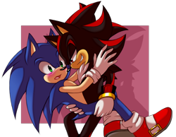 Size: 1500x1166 | Tagged: safe, artist:mintch0c0late, shadow the hedgehog, sonic the hedgehog, 2014, blushing, carrying them, clenched teeth, duo, duo male, gay, holding them, lidded eyes, looking at them, male, males only, modern sonic, mouth open, semi-transparent background, shadow (lighting), shadow x sonic, shipping, smile, standing