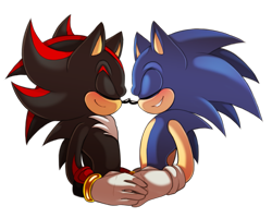 Size: 1453x1162 | Tagged: safe, artist:mintch0c0late, shadow the hedgehog, sonic the hedgehog, 2014, blushing, bust, clenched teeth, duo, duo male, eyes closed, gay, holding hands, male, males only, noses are touching, shadow x sonic, shipping, simple background, smile, transparent background