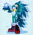 Size: 1280x1351 | Tagged: dead source, safe, artist:survivalstep, jet the hawk, 2021, arm fluff, blue background, boots, chest fluff, english text, frown, gloves off, goggles, goggles on head, holding something, key to babylon garden, looking offscreen, male, shadow (lighting), simple background, solo, solo male, standing