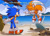 Size: 1920x1400 | Tagged: dead source, safe, artist:survivalstep, miles "tails" prower, sonic the hedgehog, sonic the ova, 2021, beach, dialogue, duo, duo male, english text, flying, lidded eyes, looking at each other, male, males only, mouth open, ocean, one fang, redraw, signature, spinning tails, standing