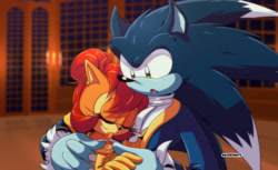 Size: 1142x700 | Tagged: safe, artist:artsriszi, sally acorn, sonic the hedgehog, alternate version, beauty and the beast, disney, duo, sally x sonic, shipping, sonic the werehog, straight, werehog