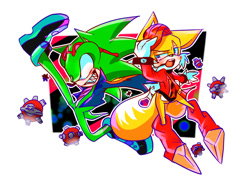 Size: 1100x800 | Tagged: safe, artist:renti, miles (anti-mobius), scourge the hedgehog, blushing, gay, green fur, male, males only, scouriles, shipping, standing, sunglasses, white background, yellow fur