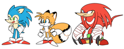 Size: 1000x401 | Tagged: safe, artist:8xenon8, knuckles the echidna, miles "tails" prower, sonic the hedgehog, 2015, bandage, frown, looking offscreen, mouth open, redesign, simple background, smile, standing, team sonic, trio, white background