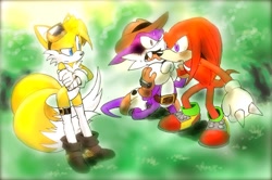 Size: 900x599 | Tagged: dead source, safe, artist:twisted-wind, knuckles the echidna, miles "tails" prower, nack the weasel, oc, oc:twisted tails, echidna, fox, weasel, blushing, female, gender swap, hat, male, strangling