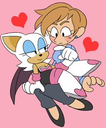 Size: 1057x1270 | Tagged: safe, artist:cherucat, agent topaz, rouge the bat, 2017, blushing, duo, embarrassed, flat colors, flirting, frown, heart, lesbian, pink background, rougabetes, rouge x topaz, shipping, simple background, sitting, sitting on them, smile, sweatdrop, topazbetes