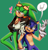 Size: 2320x2392 | Tagged: safe, artist:brendaattilio, scourge the hedgehog, sonic the hedgehog, 2021, clenched teeth, dialogue, duo, duo male, english text, flirting, gay, green background, heart, leaning on them, lidded eyes, looking at them, male, mouth open, outline, pointing, semi-selfcest, shipping, signature, simple background, smile, sonourge, speech bubble, standing