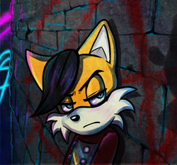 Size: 1000x931 | Tagged: safe, artist:zoomswish, miles (anti-mobius), fox, 2016, abstract background, brick wall, frown, lidded eyes, looking offscreen, male, nighttime, outdoors, solo, solo male