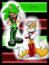 Size: 600x800 | Tagged: safe, artist:sb2013-mlp, miles (anti-mobius), scourge the hedgehog, fox, hedgehog, 2013, abstract background, arms folded, deviantart watermark, duo, duo female, female, females only, frown, gender swap, looking at viewer, smile, standing