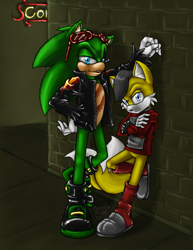 Size: 462x600 | Tagged: dead source, safe, artist:carriepika, miles (anti-mobius), scourge the hedgehog, abstract background, arms folded, brick wall, duo, duo male, leaning back, licking lips, looking at viewer, male, tongue out