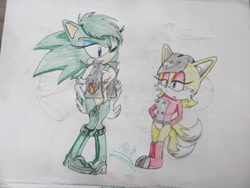 Size: 640x480 | Tagged: safe, artist:funnyhedgehog23, miles (anti-mobius), scourge the hedgehog, 2014, duo, duo female, female, gender swap, lidded eyes, pencilwork, simple background, standing, traditional media