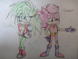 Size: 640x480 | Tagged: safe, artist:funnyhedgehog23, sonia the hedgehog, sonic underground, 2015, brother and sister, character name, duo, english text, female, gender swap, male, manic the hedgehog, pencilwork, simple background, standing, traditional media