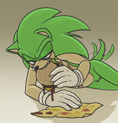 Size: 1538x1600 | Tagged: safe, artist:misterhazard, scourge the hedgehog, cheeseburger, eating, wagging tail