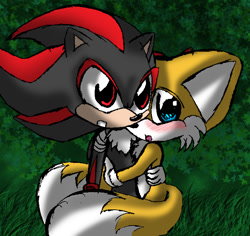 Size: 668x630 | Tagged: safe, artist:arcticcryptid, miles "tails" prower, shadow the hedgehog, 2009, abstract background, chibi, duo, gay, grass, holding each other, hugging, looking at viewer, outdoors, shadow x tails, shipping, standing