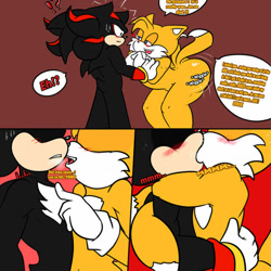 Size: 600x600 | Tagged: suggestive, artist:soul-yagami64, miles "tails" prower, shadow the hedgehog, 2022, blushing, bootyfull tails, butt, comic, dialogue, english text, frown, gay, holding each other, kiss, lidded eyes, looking at each other, moaning, panels, red background, shadow x tails, shipping, simple background, smile, speech bubble