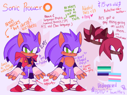 Size: 2048x1524 | Tagged: safe, artist:emenens, knuckles the echidna, shadow the hedgehog, abstract background, alternate universe, character name, english text, fingerless gloves, gay, jacket, looking at viewer, male, males only, reference sheet, ring, smile, standing, top surgery scars, trans male, transgender, trio, trio male